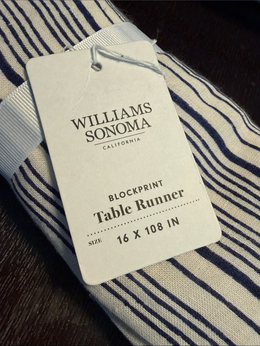Williams Sonoma Navy and White Striped Blockprint Table Runner 17” x 108”